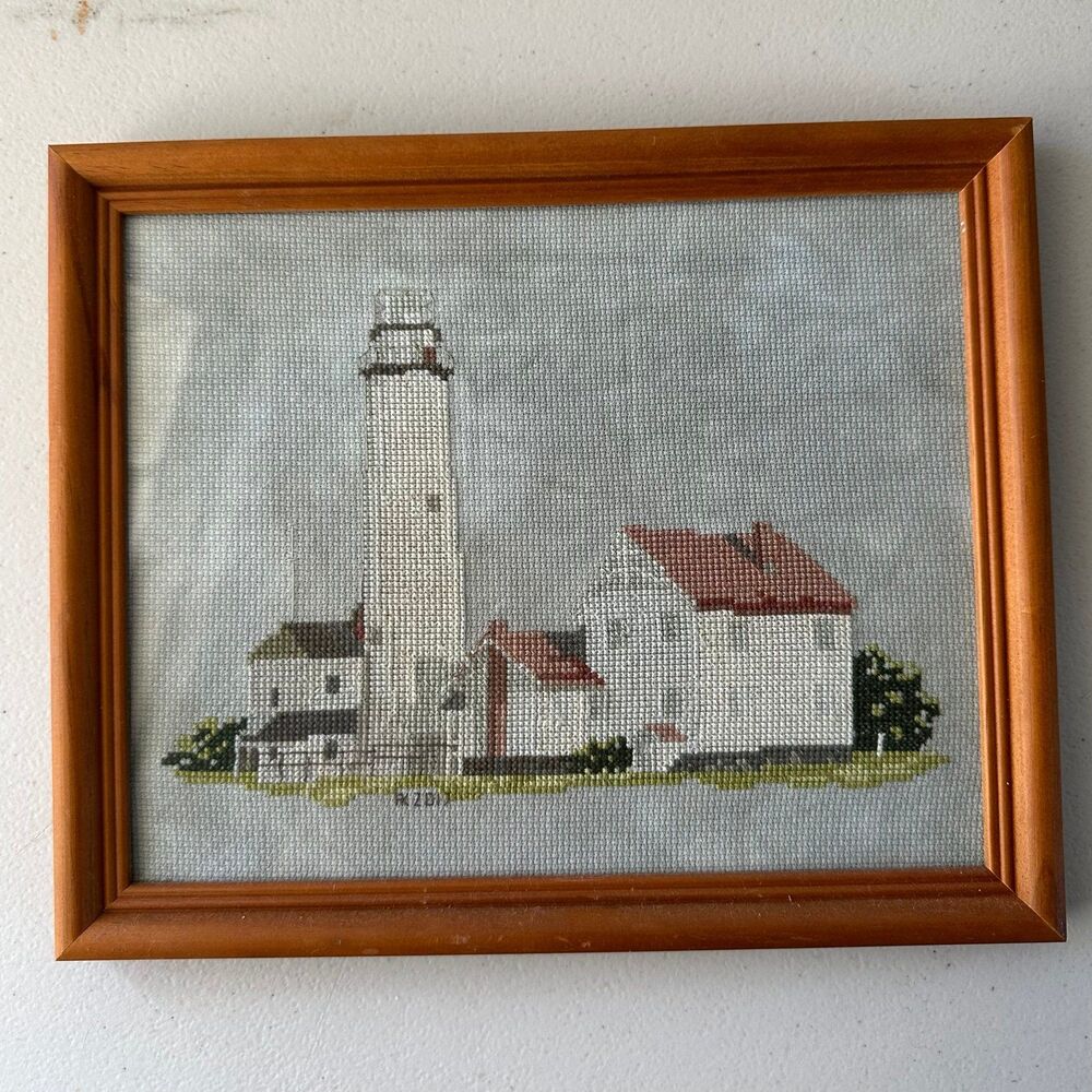 Needlepoint Cross-Stitched Handmade Country Lighthouse Scenery 8X10 Framed